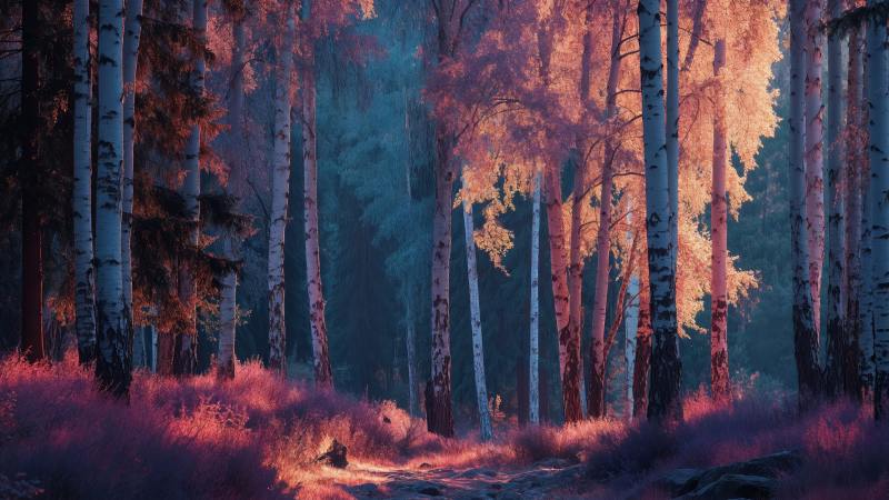 sunlit trees wallpaper, golden color, ethereal glow, background for desktop wallpaper (horizontal)