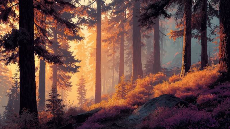 hiking trail wallpaper, soft light, nature walk, background for desktop wallpaper (horizontal)