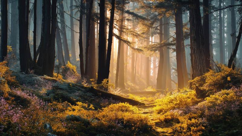 ethereal forest wallpaper, woodland scene, path, background for desktop wallpaper (horizontal)