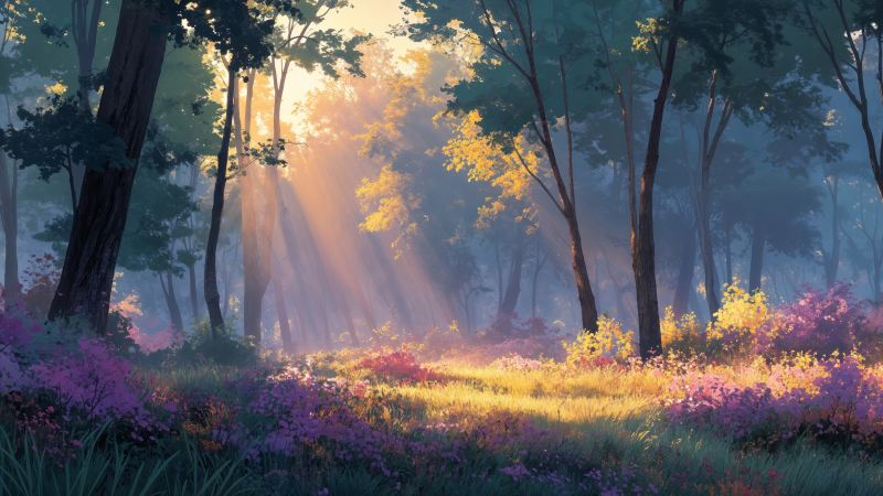 dreamy colors wallpaper, enchanted landscape, sunbeams, background for desktop wallpaper (horizontal)
