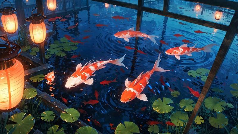 japanese garden wallpaper, water feature, koi pond, background for desktop wallpaper (horizontal)