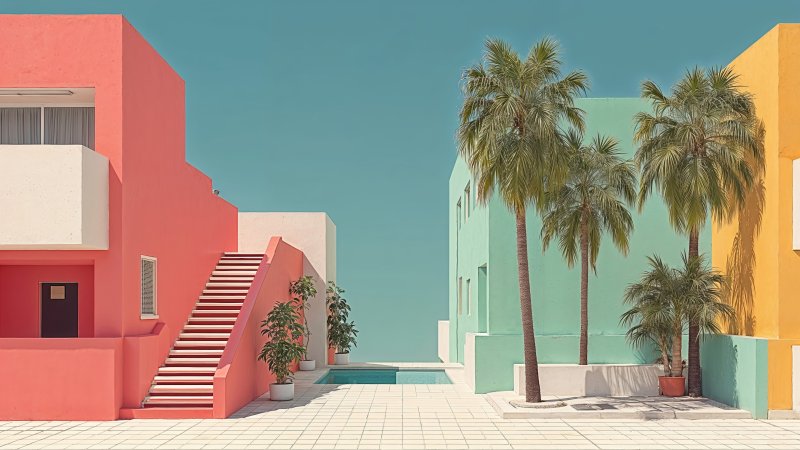 palm trees wallpaper, tropical palms, coastal village, background for desktop wallpaper (horizontal)