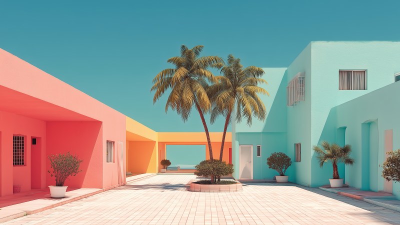 blue skies wallpaper, colorful architecture, sunny landscape, background for desktop wallpaper