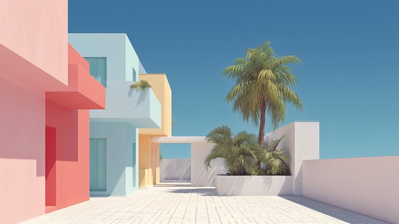 tranquil beach wallpaper, charming cottages, summer getaway, background for desktop wallpaper