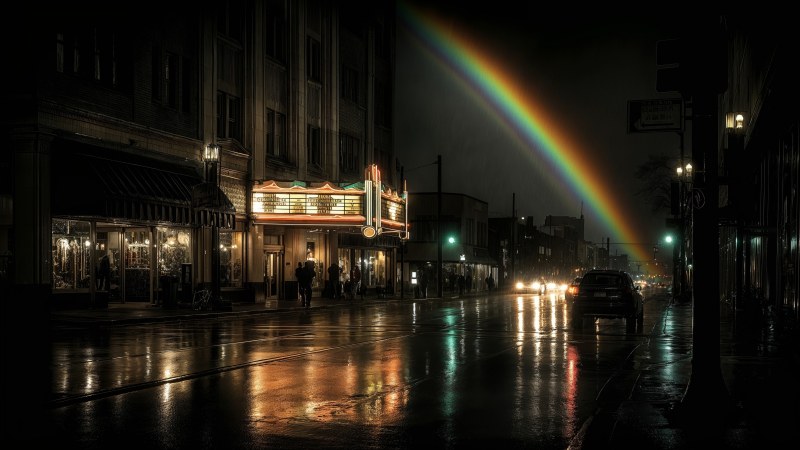 rainbow aesthetic wallpaper, city glow, streets, background for desktop wallpaper (horizontal)