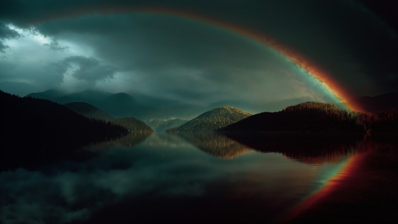 rainbow gradient wallpaper, lakeside, sunset colors, background for desktop wallpaper (horizontal)