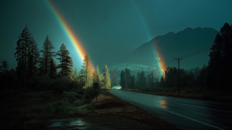 forest wallpaper, rainbow gradient, twilight scene, background for desktop wallpaper (horizontal)