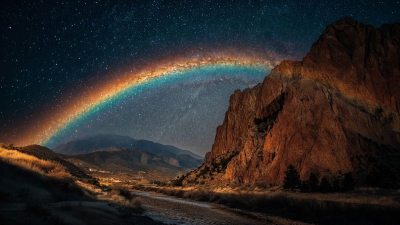 mystical night wallpaper, rainbow aura, natures palette, background for desktop wallpaper (horizontal)