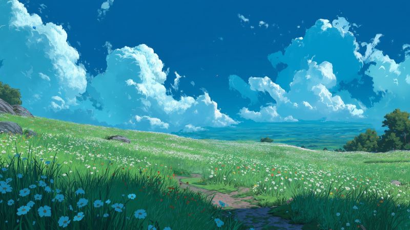 meadow flowers wallpaper, blue skies, fresh blooms, background for desktop wallpaper