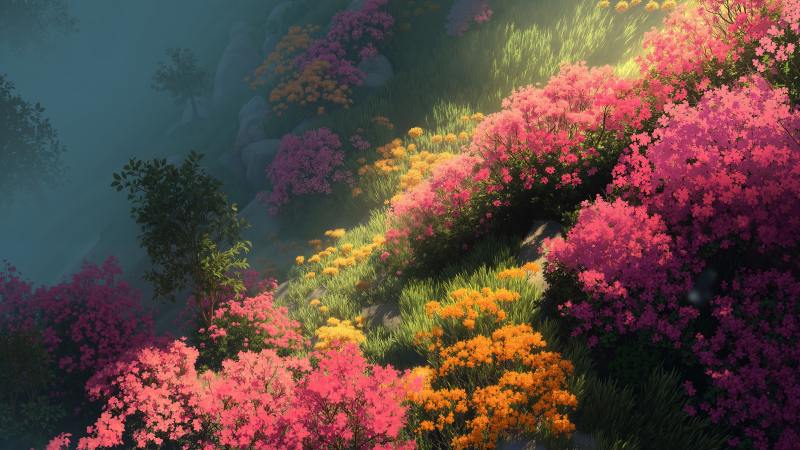 spring scenery wallpaper, floral landscape, bright meadows, background for desktop wallpaper