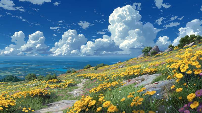 colorful fields wallpaper, renewal, blue skies, background for desktop wallpaper