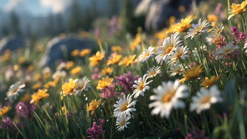 spring bloom wallpaper, wildflowers, warm sunlight, background for desktop wallpaper