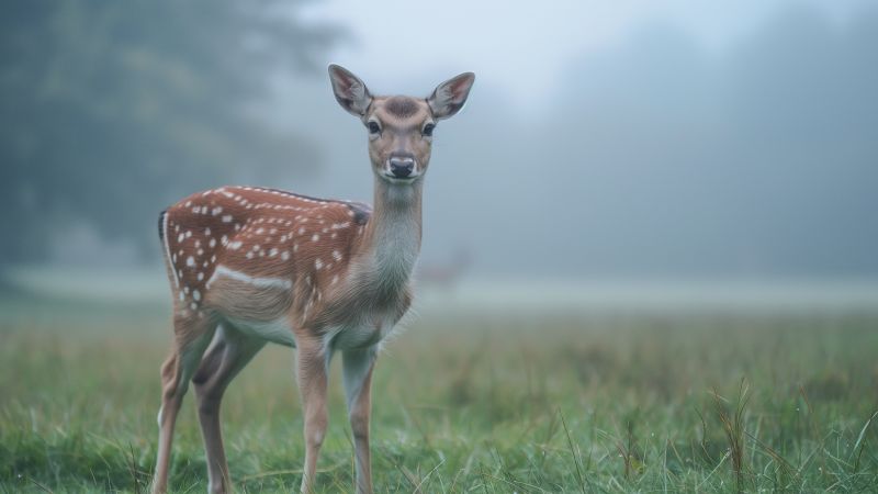 deer wallpaper, misty meadow, tranquil scene, background for desktop wallpaper (horizontal)