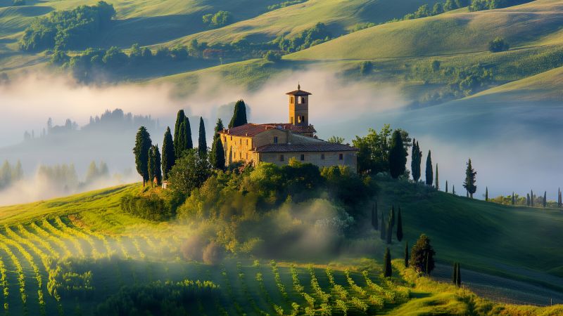 Tuscany wallpaper, picturesque meadows, beautiful landscape, background for desktop wallpaper (horizontal)