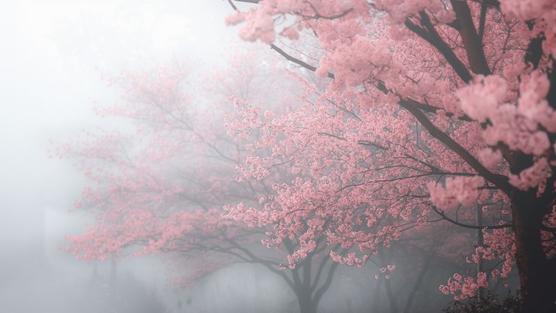 Trees wallpaper, pink blossoms, vibrant, background for desktop wallpaper (horizontal)