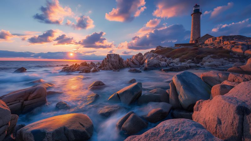 lighthouse wallpaper, sea, coastal rocks, background for desktop wallpaper (horizontal)