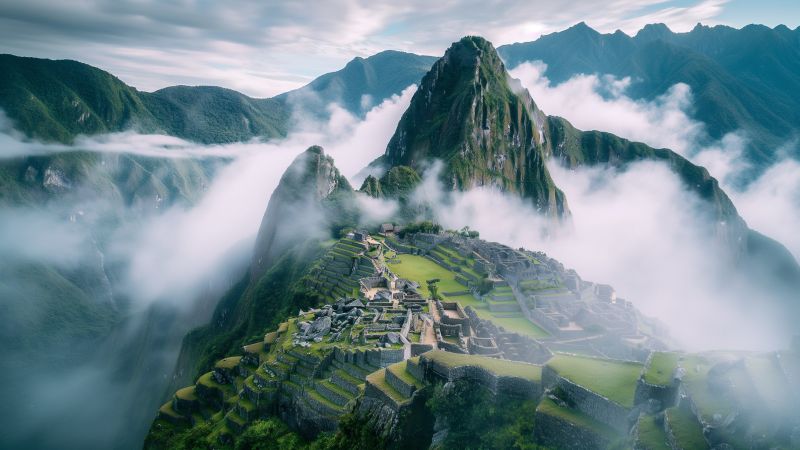 Machu Picchu wallpaper, mountains, ancient ruins, background for desktop wallpaper (horizontal)