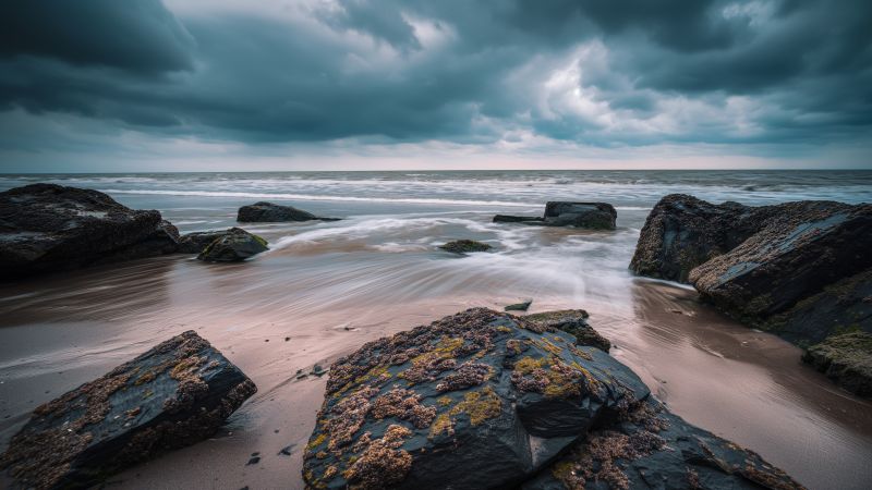 Rocks wallpaper, sand, ocean, background for desktop wallpaper (horizontal)