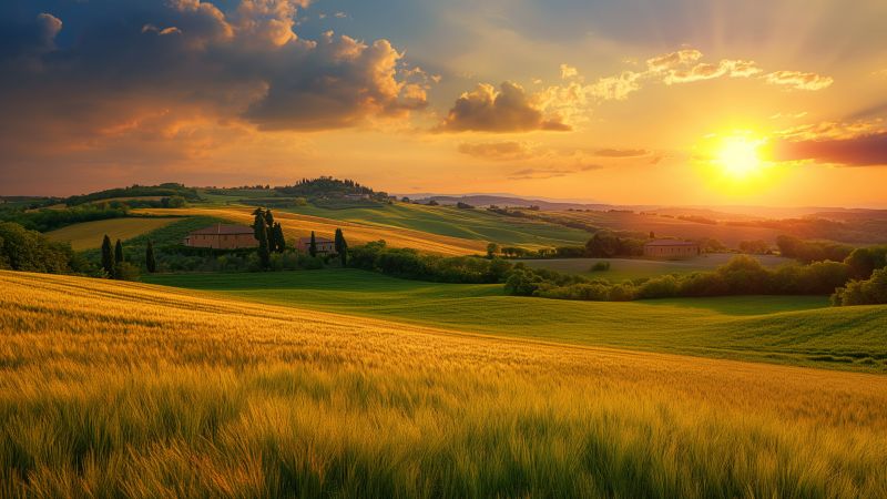 Tuscany wallpaper, vibrant sky, rolling hills, background for desktop wallpaper (horizontal)