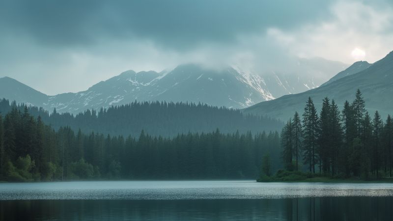 Mountains wallpaper, snow, cabin, background for desktop wallpaper (horizontal)