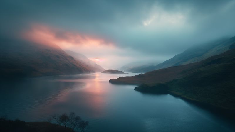 waterfalls wallpaper, serene lake, mountain scenery, background for desktop wallpaper (horizontal)