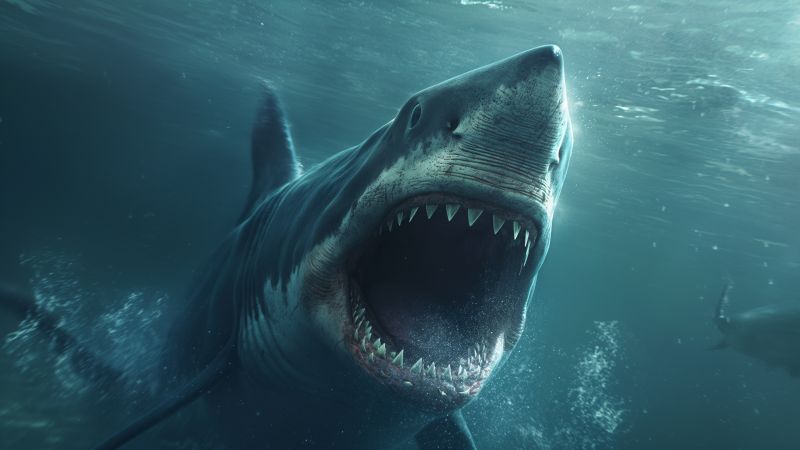 Megalodon wallpaper, ocean predator, ancient creature, background for desktop wallpaper (horizontal)