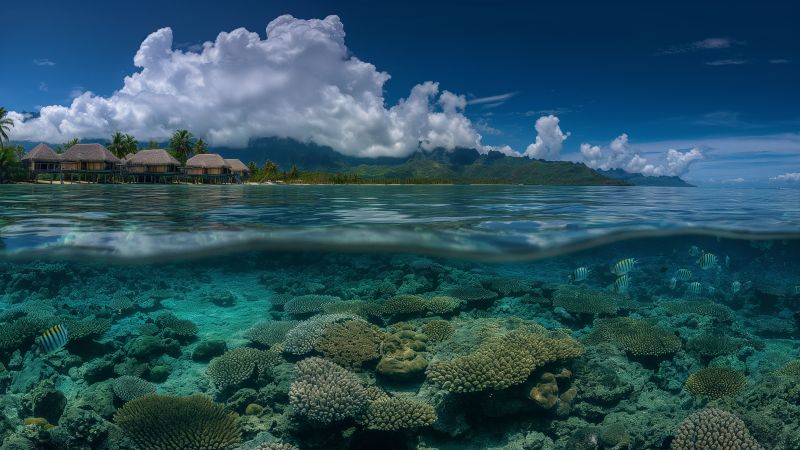 Bungalows wallpaper, clear turquoise water, idyllic getaway, background for desktop wallpaper (horizontal)