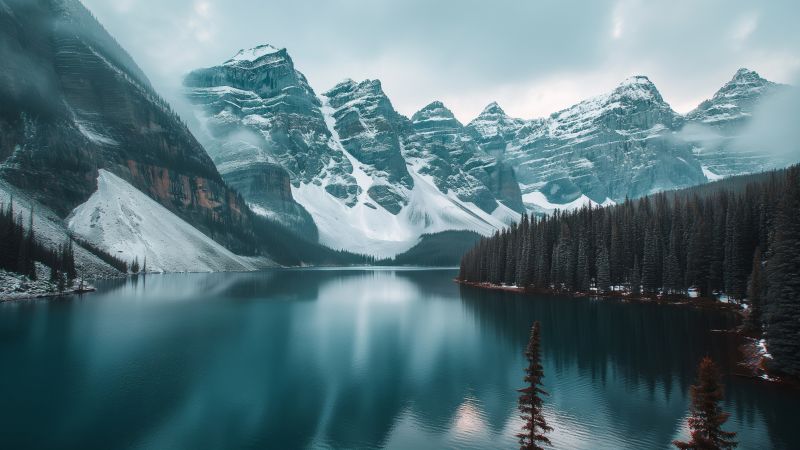 Serene mountain range reflected in a calm lake, perfect for a peaceful desktop wallpaper.