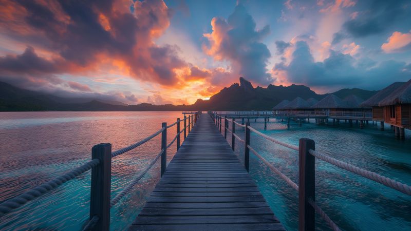 French Polynesia wallpaper, sunset, luxury bungalow, background for desktop wallpaper (horizontal)
