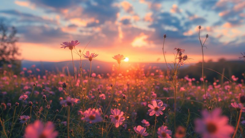 sky wallpaper, vibrant flowers, colorful horizon, background for desktop wallpaper (horizontal)