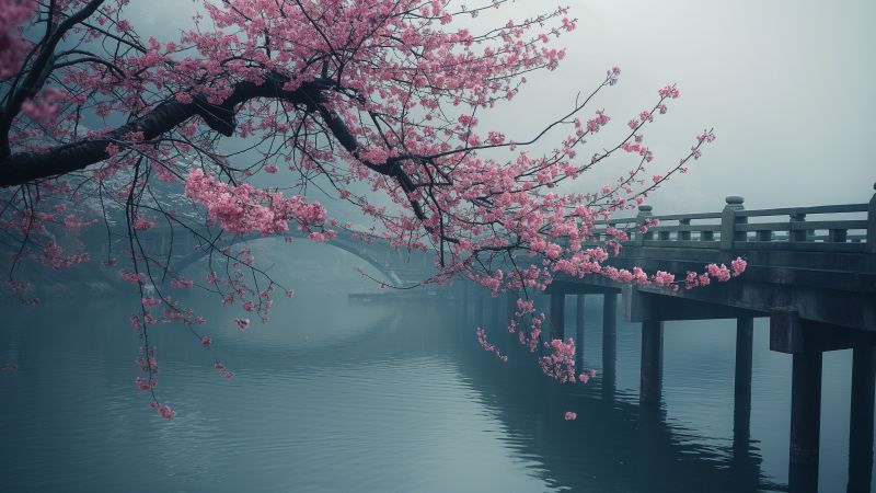 Japan wallpaper, river, sakura, background for desktop wallpaper (horizontal)