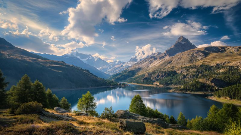 Ceresole Reale wallpaper, tranquil lake, Italy landscape, background for desktop wallpaper (horizontal)