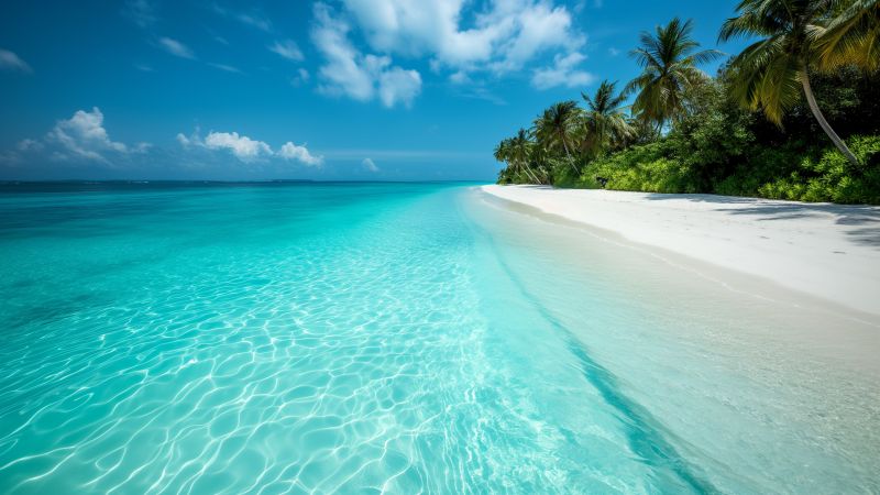 Maldives wallpaper, beach bungalow, palm trees, background for desktop wallpaper (horizontal)