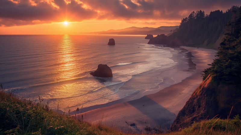 Oregon wallpaper, Pacific coastline, tourism adventures, background for desktop wallpaper (horizontal)
