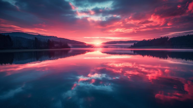 Lake wallpaper, pink sky, HD wallpaper, background for desktop wallpaper (horizontal)