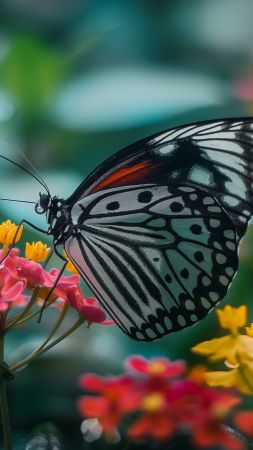 butterfly wallpaper, flowers, glass, background for mobile wallpaper (vertical)