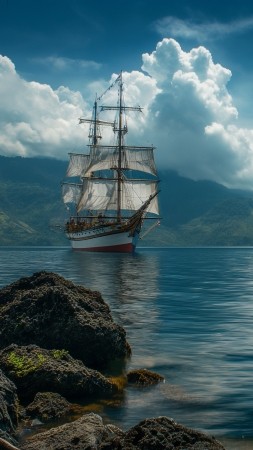 Danau Toba wallpaper, sailing vessel, rocky shoreline, background for mobile wallpaper (vertical)