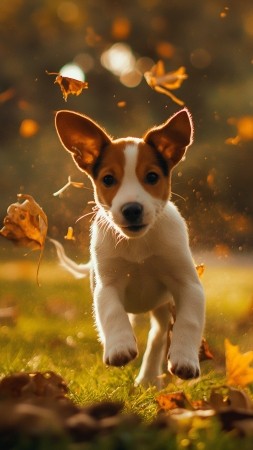 Dog wallpaper, energetic, autumn leaves, background for mobile wallpaper (vertical)