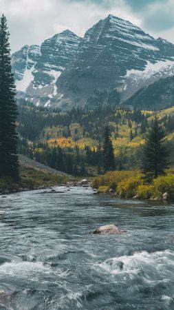 Maroon Bells wallpaper, river scenery, alpine landscape, background for mobile wallpaper (vertical)