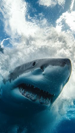 shark wallpaper, diving, 4k wallpaper, background for mobile wallpaper (vertical)