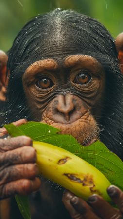 chimpanzee wallpaper, wildlife, lush greenery, background for mobile wallpaper (vertical)