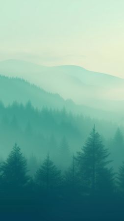 forest wallpaper, mountainous terrain, foggy landscape, background for mobile wallpaper (vertical)