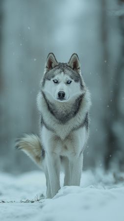Huskies wallpaper, snow, forest, background for mobile wallpaper (vertical)