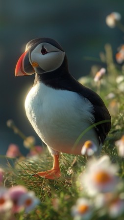 Atlantic puffin wallpaper, ocean habitat, nature photography, background for mobile wallpaper (vertical)