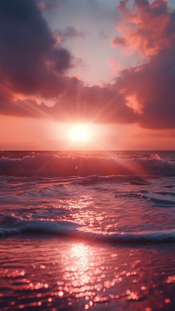 sunset wallpaper, coastline, waves, background for mobile wallpaper (vertical)
