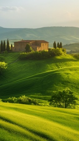 Tuscany wallpaper, lush green, vibrant countryside, background for mobile wallpaper (vertical)