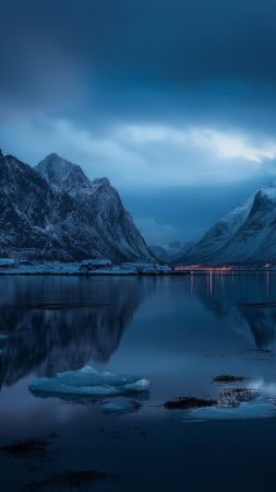 Norway wallpaper, Lofoten islands, night sky, background for mobile wallpaper (vertical)