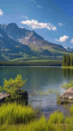 mountain wallpaper, lush trees, crystal-clear water, background for mobile wallpaper (vertical)