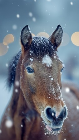 horse wallpaper, winter wonderland, frosty landscape, background for mobile wallpaper (vertical)