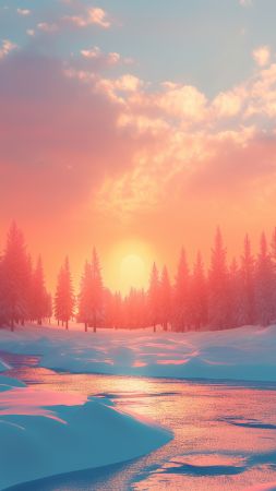 forest wallpaper, sunrise, frosty, background for mobile wallpaper (vertical)